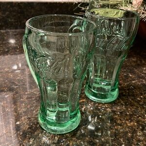 Green Libby Coca Cola (debossed w handle) set of two glasses - heavy weight